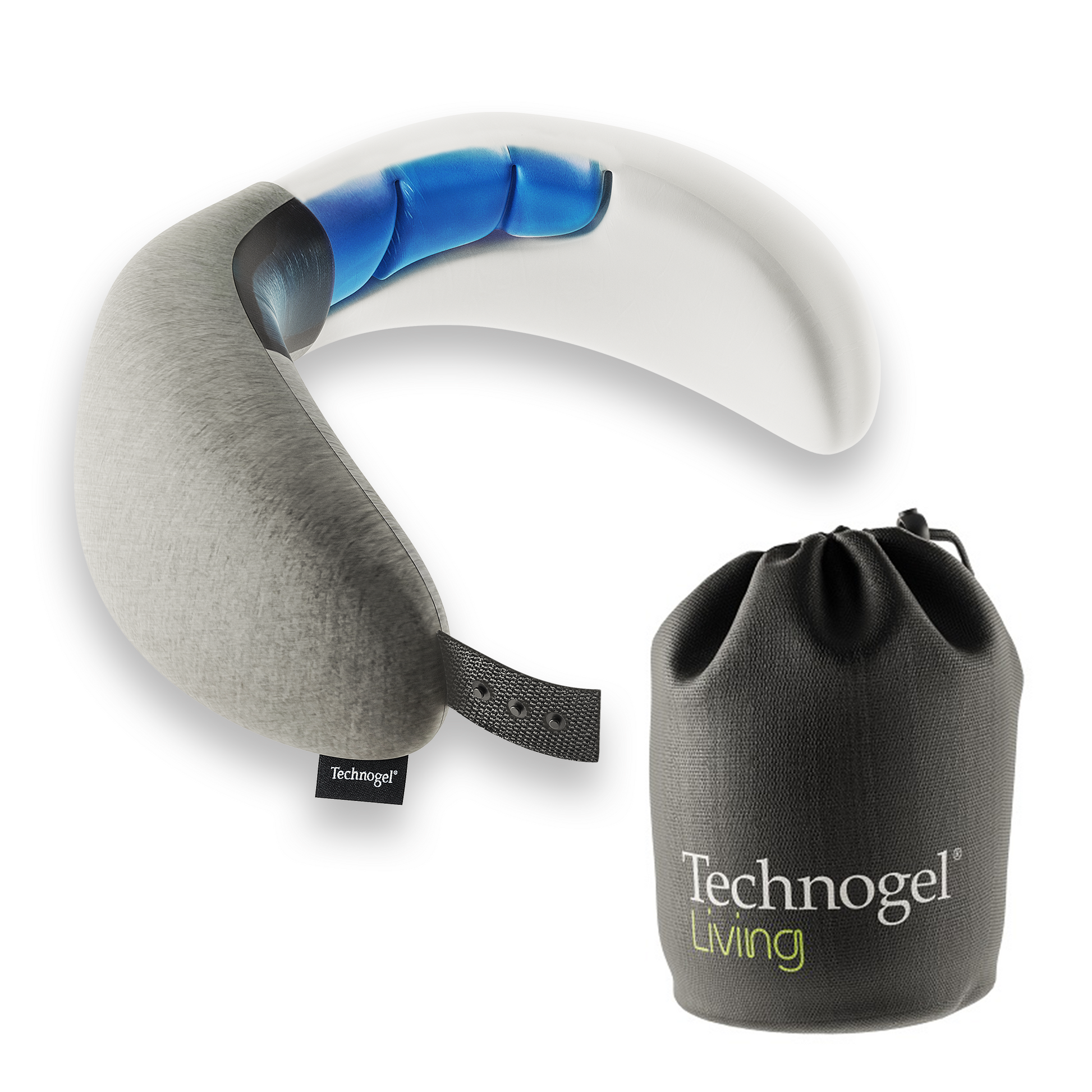 Technogel travel neck support pillow with 
cooling gel, dual shape for perfect neck contour, and great for flights, car trips, or extra neck support at home.
